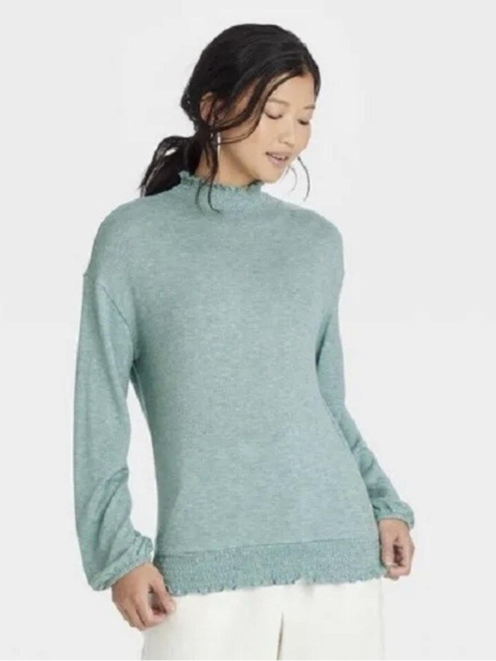 A New Day Smocked Ruffle Mock Neck Pullover Lightweight Sweater